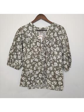 Denver Hayes Women’s Green Floral Button-Up Blouse Size Small Oversized